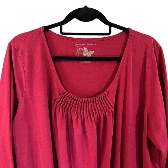 Just My Size Cranberry Blouse Plus 2X Pleated Chest 3/4 Sleeve Knit Pullover Top - Picture 3 of 5